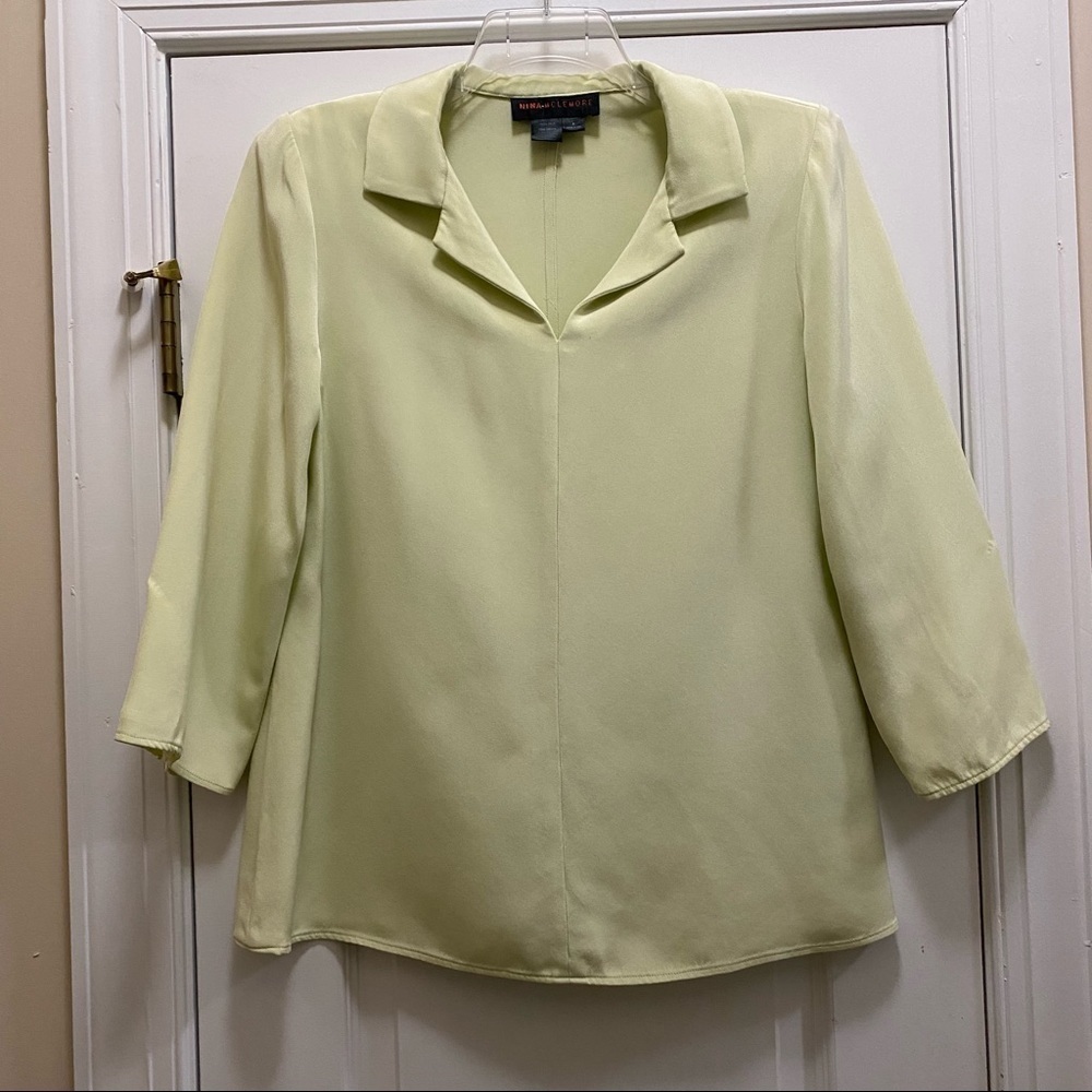 NINA MCLEMORE Green Silk 3/4 Sleeve Tunic Top Size 8